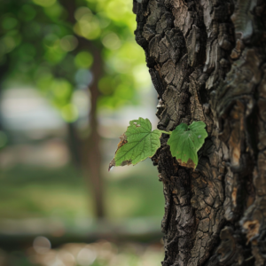 Tree bark with two browning leafs sprouting